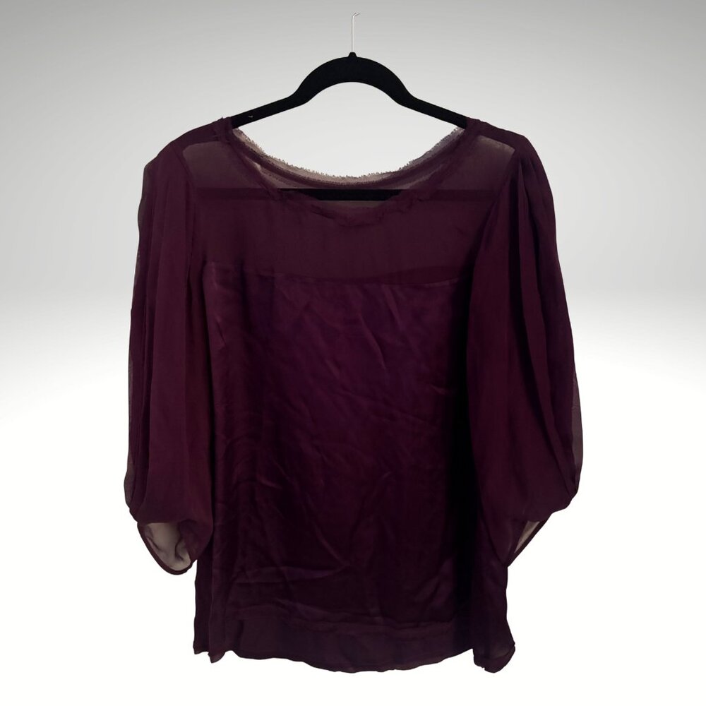 DIANE VON FURSTENBERG | Plum Silk Blouse | Pleated Chiffon Sleeves | Raw Hem 12